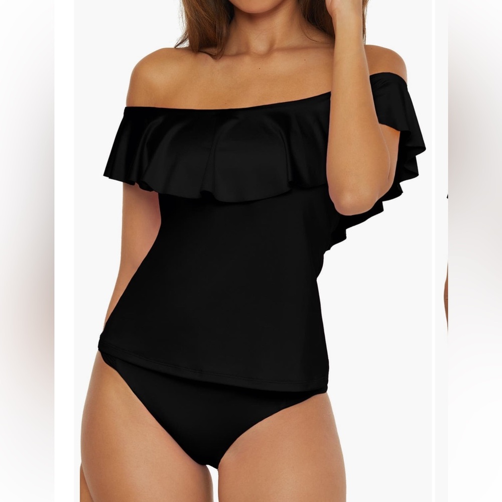 Trina Turk Monaco Ruffle Off the Shoulder Tankini & Hipster Bikini Set. Size 6